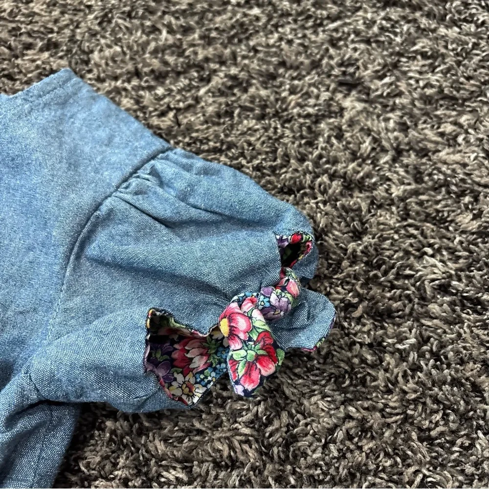 Handmade Girls Denim Blue Cat Dress Size 5/6 Floral Bow Puff Sleeves